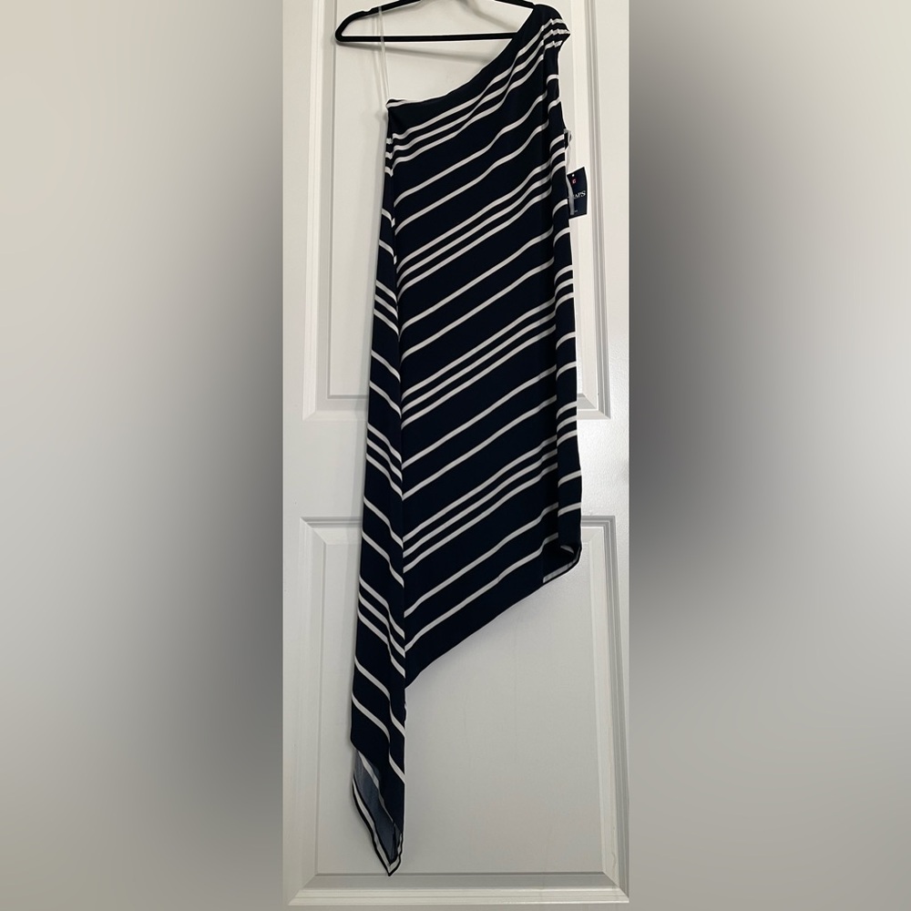 CHAPS Striped Asymmetrical Dress Dark Navy Womens Sz Medium NWT Nautical Evening